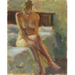 Pat ALGAR (1939-2013), Oil on board, Seated nude on a bed, Signed, Unframed, 10" x 8" (25.4cm x 20.