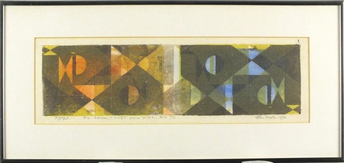 * John WELLS (1907-2000), Linocut in colours, Untitled abstract, Inscribed 77/4D, Signed & dated - Image 2 of 2