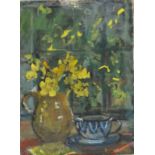 * Prue SAPP (1928-2013), Oil on board, 'High Summer' - jug of flowers on the kitchen table,