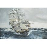 Gouache on heavy paper, a square rigged sailing vessel at sea under full sail, Unframed, 18.5" x