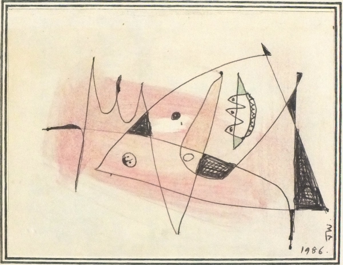 * John WELLS (1907-2000), Black ink & wash drawing, Untitled abstract, Signed with initials &