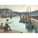 Henry Meynell RHEAM (1859-1920), Watercolour, Little boy fishing from the quay Penzance Harbour,