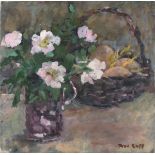 * Prue SAPP (1928-2013), Oil on board, Still life - jug of roses & basket of vegetables, Unframed,