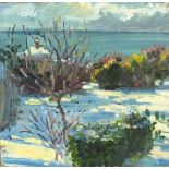 Pat ALGAR (1939-2013), Oil on board, Winter snow in the garden Chymorvah, Signed, Unframed, 7.75"