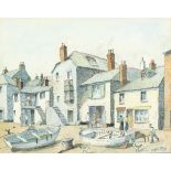* Hugh E. RIDGE (1899-1976), Watercolour & ink, Wharfside & slip St Ives, Signed, 8.5" x 10.75" (