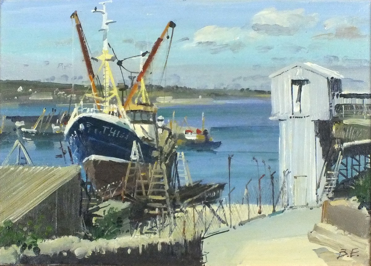 * Bernard EVANS (1929-2014), Oil on canvas, 'Newlyn Slip', Inscribed, signed & dated 1991 to