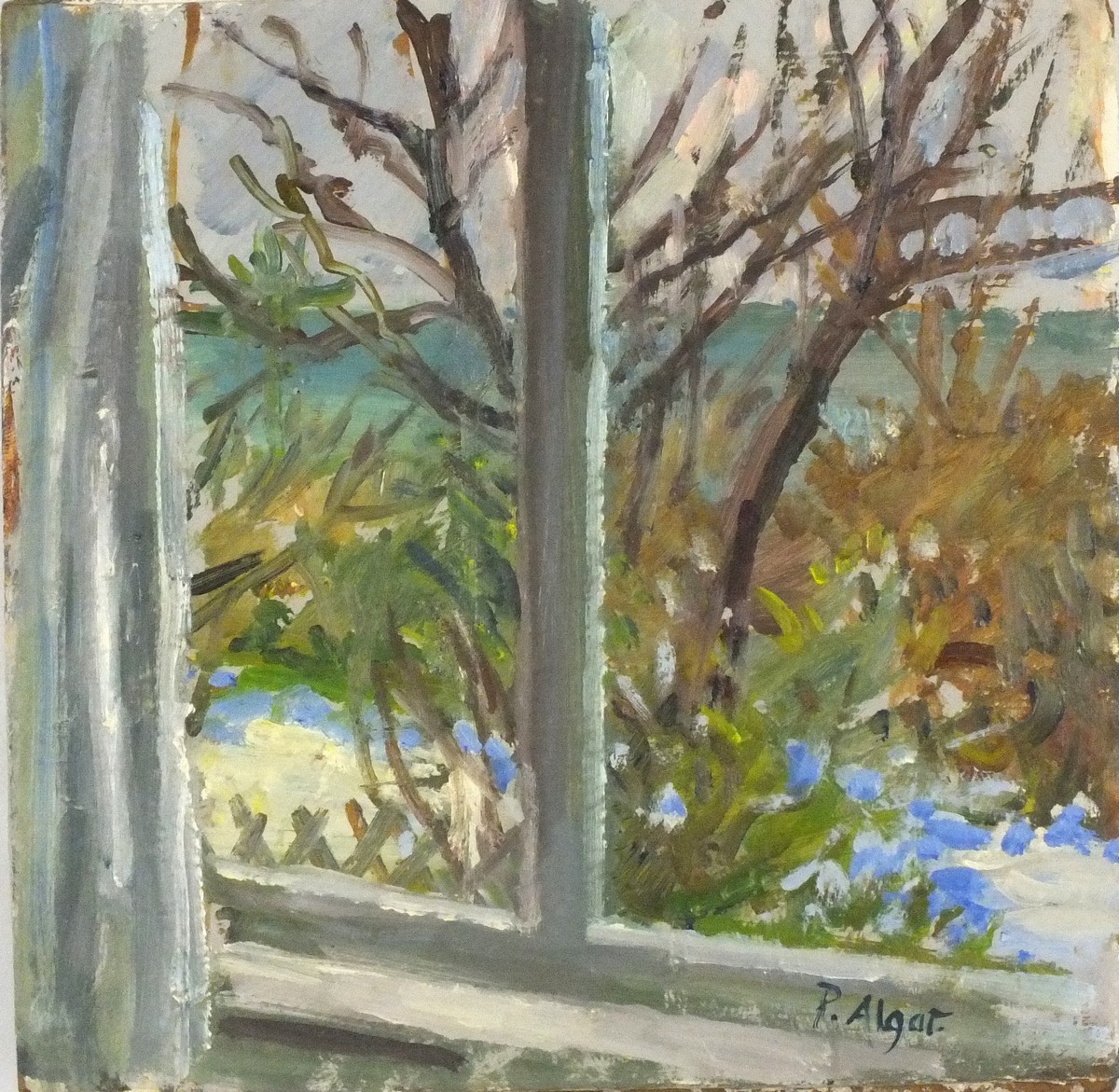 Pat ALGAR (1939-2013), Oil on board, Winter garden through the window, Signed, Unframed, 8" x 8" (