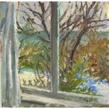Pat ALGAR (1939-2013), Oil on board, Winter garden through the window, Signed, Unframed, 8" x 8" (