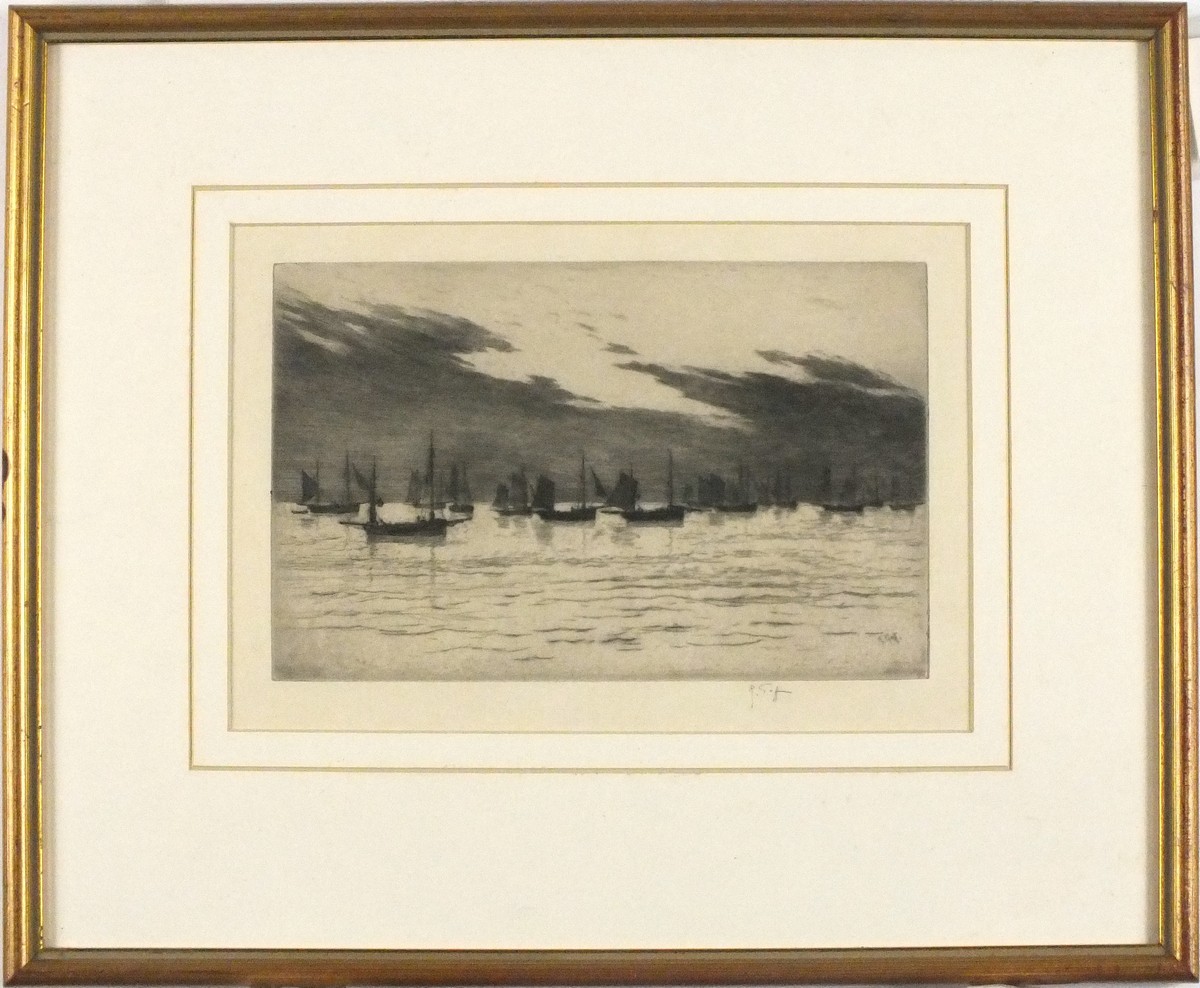 Col. Robert Charles GOFF (1837-1922), Etching dry point, Fishing fleet offshore, Signed in pencil, - Image 2 of 2