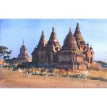 * Richard FOSTER (b.1945), Watercolour with body colour, 'Red Pagoda's, Signed, 6.75" x 10.25" (17.