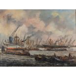 20th Century English School, Oil on canvas, Busy dock & shipping possibly the Thames, Indistinctly