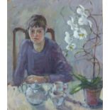 Pat ALGAR (1937-2013), Oil on board, 'Alice and Orchid', Signed, Unframed, 11.75" x 10" (29.8cm x