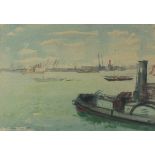 * William DRING (1904-1990), Watercolour, A river tug before a busy port, Signed & dated 1955, 9.