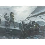 * John GROVES (b.1937), Pastel, A break in the cloud - sailors battling a storm using a sextant