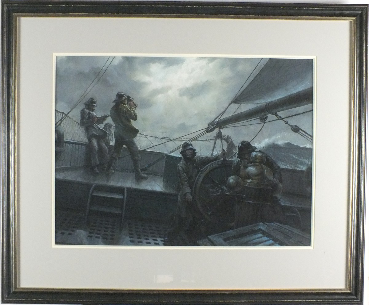 * John GROVES (b.1937), Pastel, A break in the cloud - sailors battling a storm using a sextant - Image 2 of 2