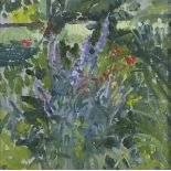 Pat ALGAR (1937-2013), Oil on board, Herbacious border in full bloom, Bears stuio stamp, 7.25" x 7.