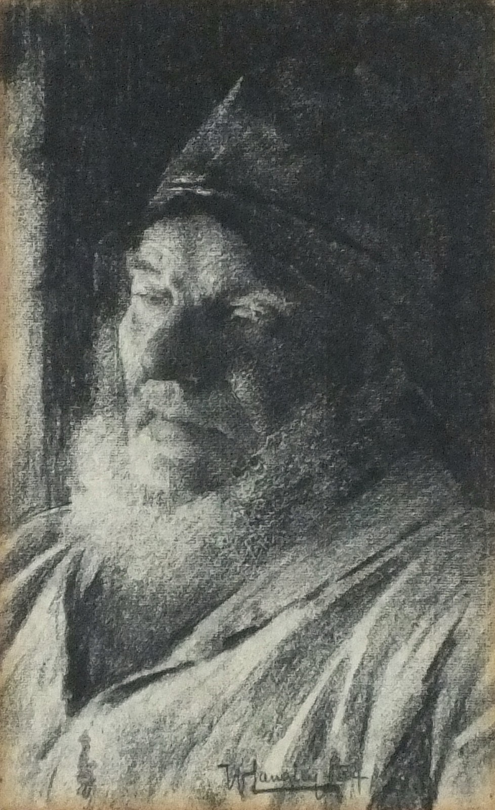 Walter LANGLEY (1852-1922), Charcoal drawing, Head & should portrait of a Newlyn Fisherman, Signed &