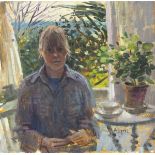 Pat ALGAR (1937-2013), Oil on board, Afternoon tea - self portrait of the artist seated at the