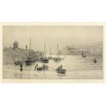 * Rowland LANGMAID (1897-1957), Etching dry point, St Ives Harbour - fishing boats preparing to