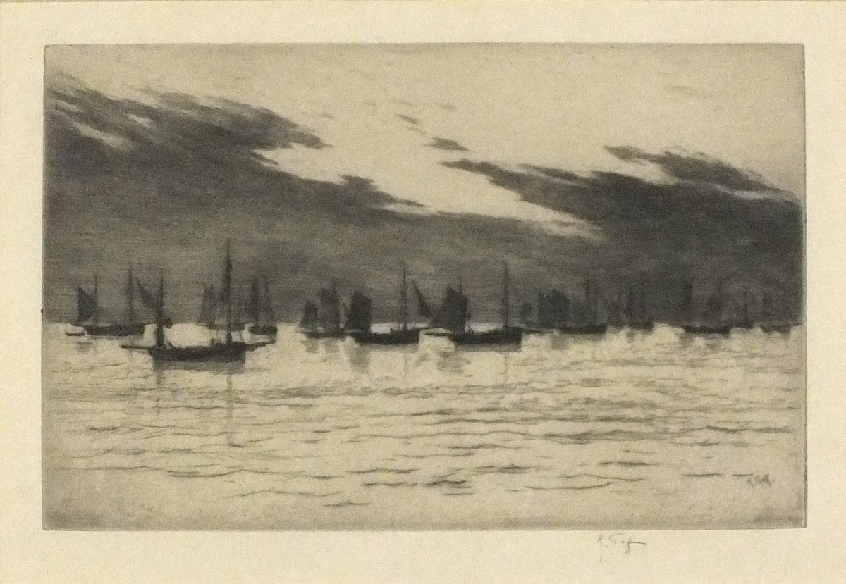 Col. Robert Charles GOFF (1837-1922), Etching dry point, Fishing fleet offshore, Signed in pencil,