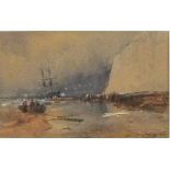 Thomas Bush HARDY (1842-1897), Watercolour, Unloading the cargo from a beached brigantine,