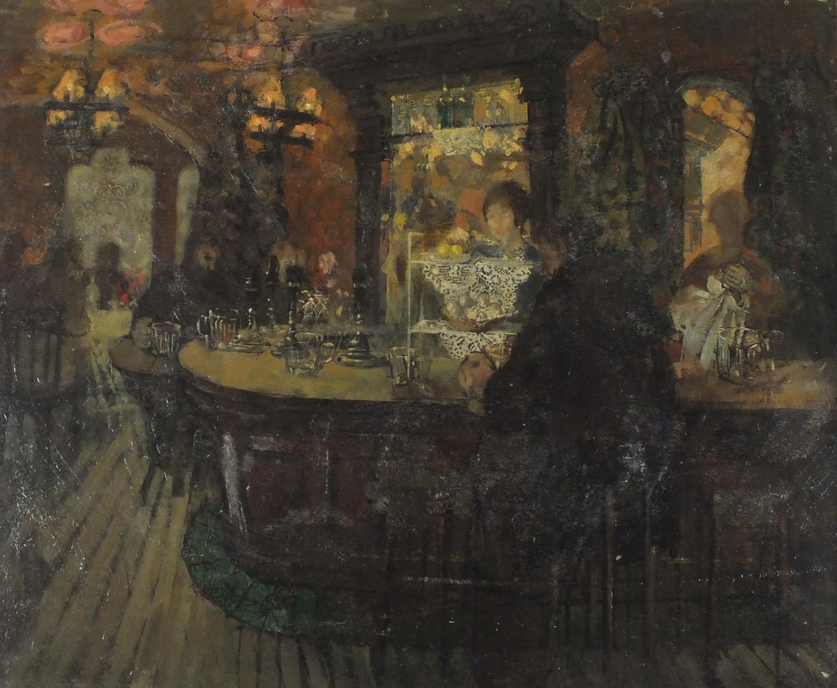 Pat ALGAR (1937-2013), Oil on board, 'The Bar of the Prince of Wales', Signed P.M. Carr to verso,