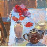 Pat ALGAR (1937-2013), Oil on board, Still life - vase of poppies & tea pot on a kitchen table,