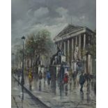 FRANCHINI, Oil on canvas, Rainy day Paris street scene, Signed, 19.25" x 15.5" (48.9cm x 39.4cm)