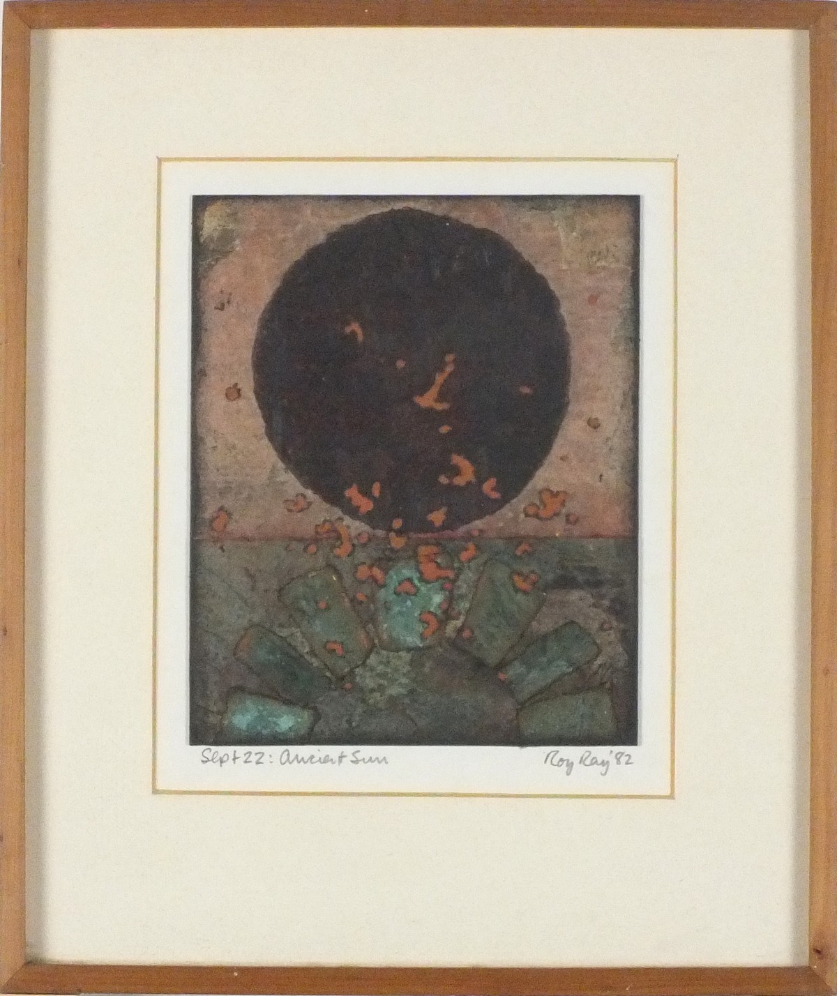 * Roy RAY (b.1936), Mixed media on board, 'Ancient Sun', Signed & dated Sept 22 (19)82, 6.75" x 5.5"