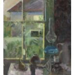 Pat ALGAR (1937-2013), Oil on board, Still life - kitchen assortment & oil lamp before a window,