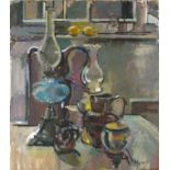 Pat ALGAR (1937-2013), Oil on board, 'Still life & Brass Lamps', Signed, Unframed, 16" x 14" (40.6cm