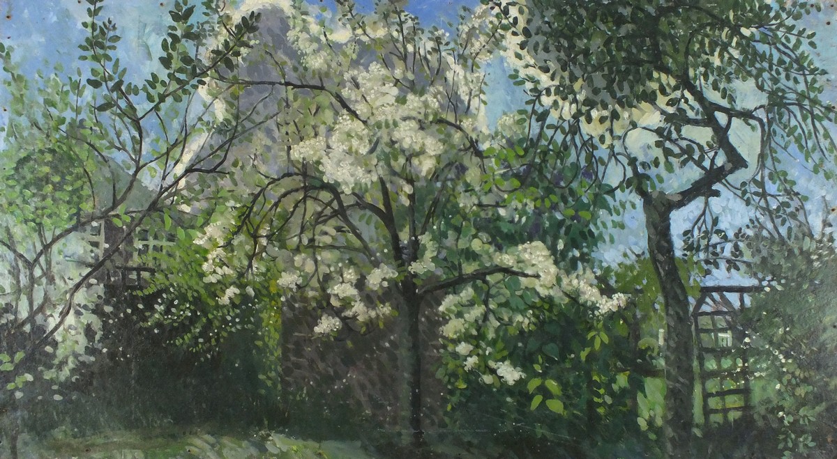 Pat ALGAR (1937-2013), Oil on board, Springtime - apple tree in full bloom, Bears studio stamp,