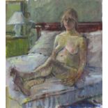 Pat ALGAR (1937-2013), Oil on board, Reclining nude on a bed, Signed, Unframed, 12.25" x 11" (31.1cm