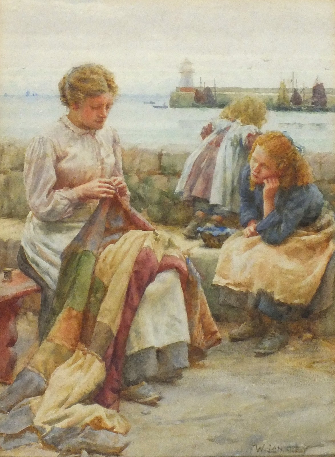 Walter LANGLEY (1852-1922), Watercolour, Nimble fingers - young woman & her children waiting for the