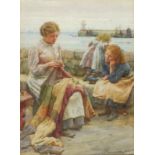 Walter LANGLEY (1852-1922), Watercolour, Nimble fingers - young woman & her children waiting for the
