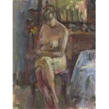 Pat ALGAR (1937-2013), Oil on board, Seated nude before a dressing table, Signed, Unframed, 10" x