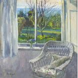 Pat ALGAR (1937-2013), Oil on board, Bedroom window & cane chaire Marazion, Signed, 15.5" x 15.5" (
