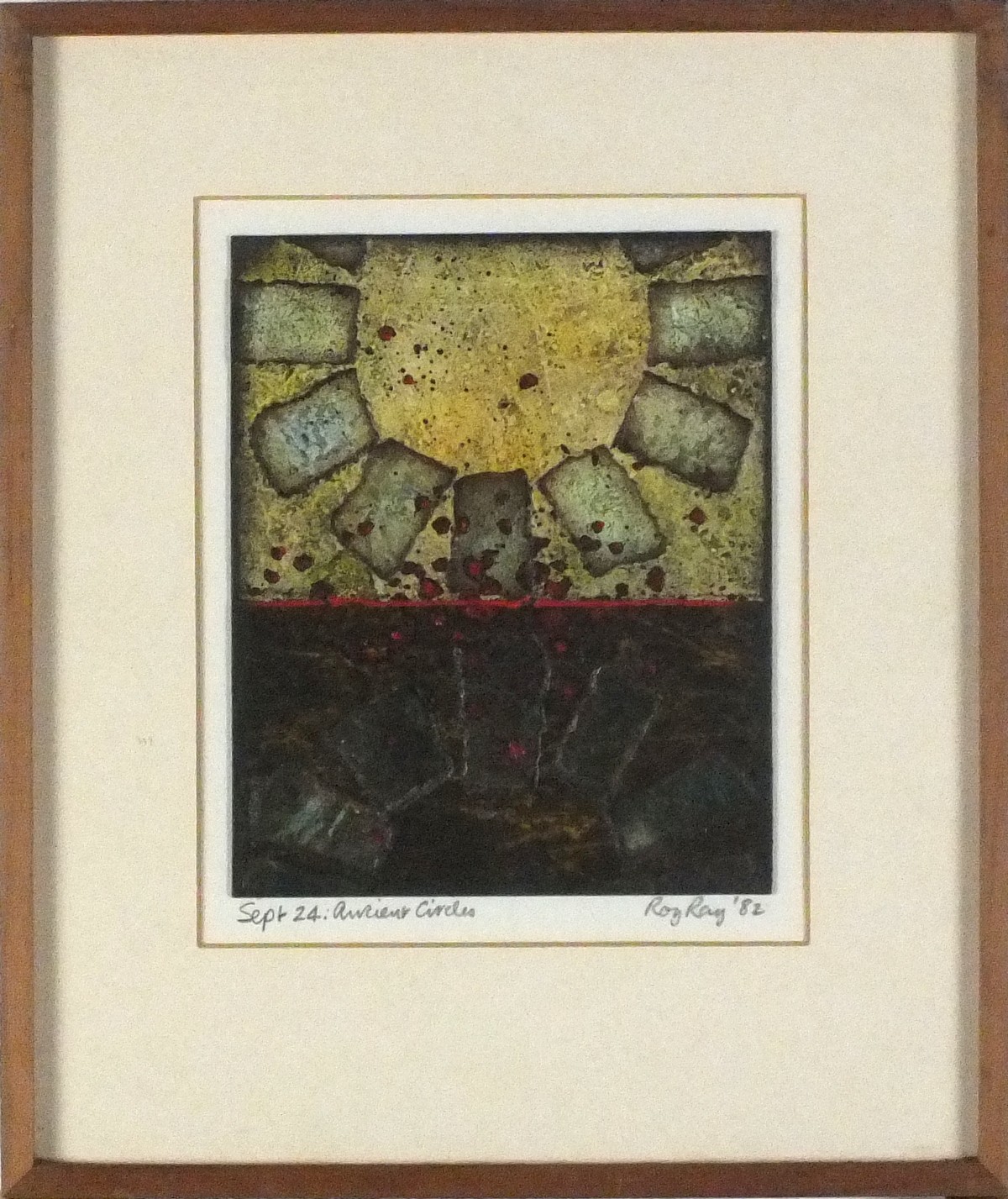 * Roy RAY (b.1936), Mixed media & collage on board, 'Ancient Circles', Inscribed, signed & dated