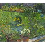 Pat ALGAR (1937-2013), Oil on board, Summer garden from the terrace, Signed, Framed, 11.25" x 13.25"
