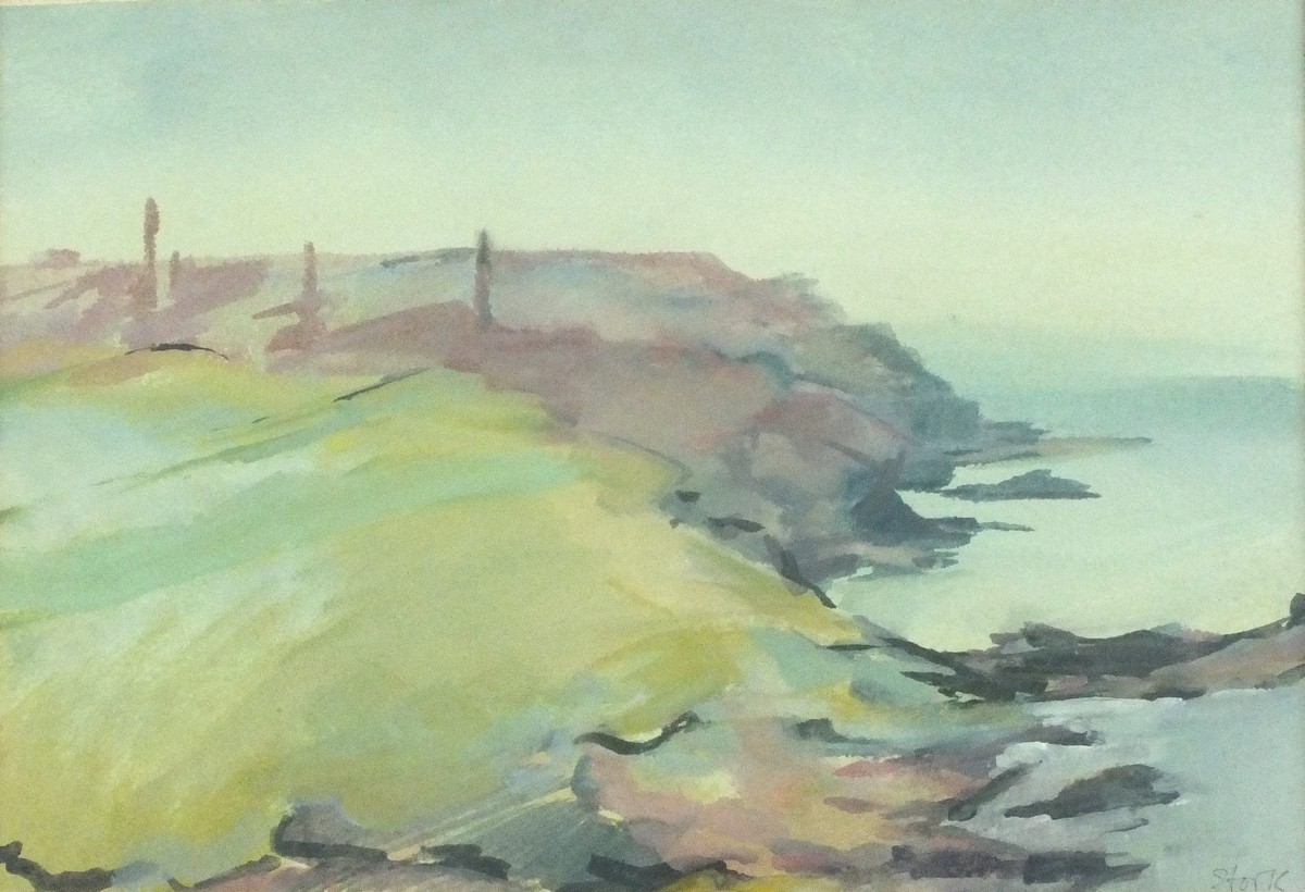 * Mary STORK (1938-2007), Watercolour / gouache, Cornish coast 'from Pendeen Watch', Signed, 7.25" x