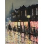 * Barry HILTON (b.1941), Oil on board, Rainy night - Edwardian street scene, Signed, 15.5" x 11.