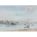 20th Century English School, Watercolour, Boats moored before cottages, tidal estuary, Unsigned,