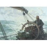 * John GROVES (b.1937), Pastel, The helmsman at the wheel sailing in a stiff breeze, Signed, 16" x