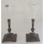 Pair Edwardian spill vases the square bases with beaded rims & V shaped glass flower holders 8” high