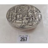 HEAVY GEORGE III OVAL TOBACCO BOX, the top cast with figures around a throne 4” across fully marked