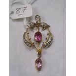 Silver gilt red stone & pearl pendant