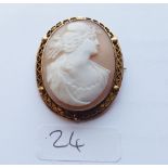 9ct mounted cameo brooch of a lady 1.75” long