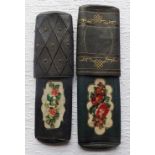 Two County of Durham Regiment applied paper on stamped leather cigar cases, the backs with inset