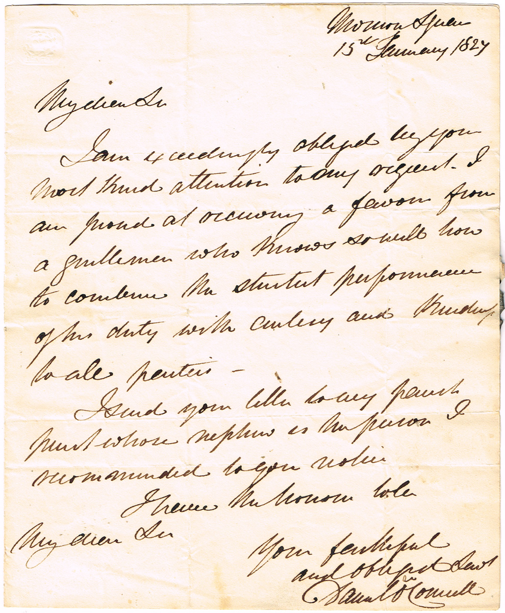 1827 (15 January) Daniel O'Connell letter to the Inspector General of The Munster Constabulary.