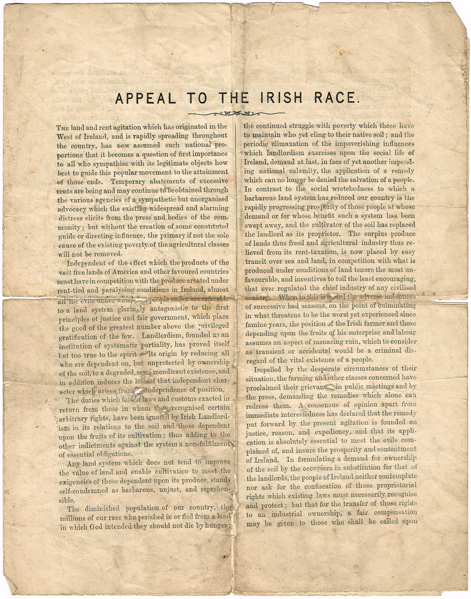 Appeal to the Irish Race - printed document This politcal broadside was published by a prominent